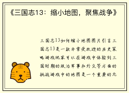 《三国志13：缩小地图，聚焦战争》