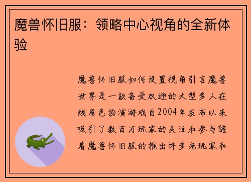 魔兽怀旧服：领略中心视角的全新体验